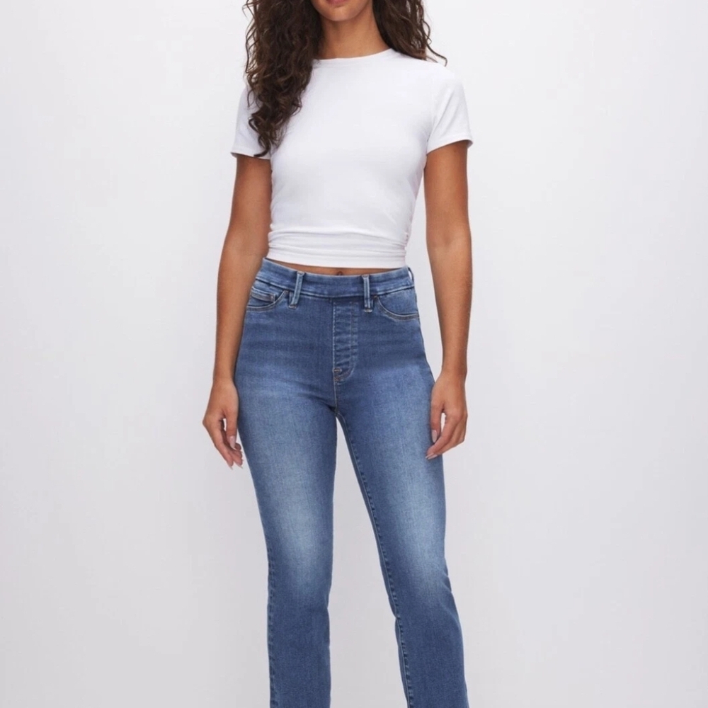NWT Good American Indigo Blue Power Stretch Pull-On Straight Leg Jeans